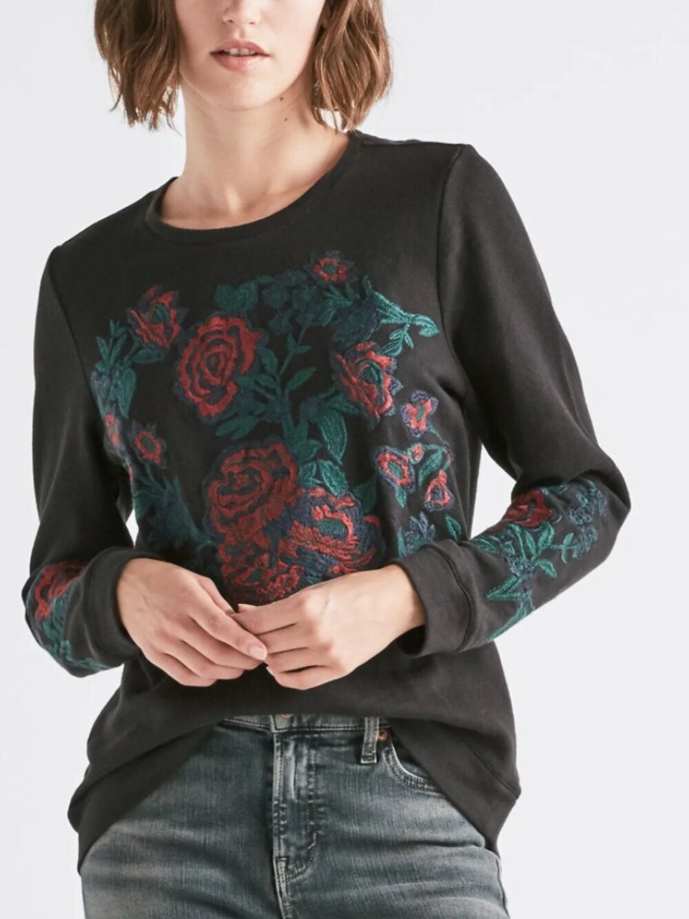 Lucky Brand Women's Size Small Black Embroidered Floral Sweatshirt